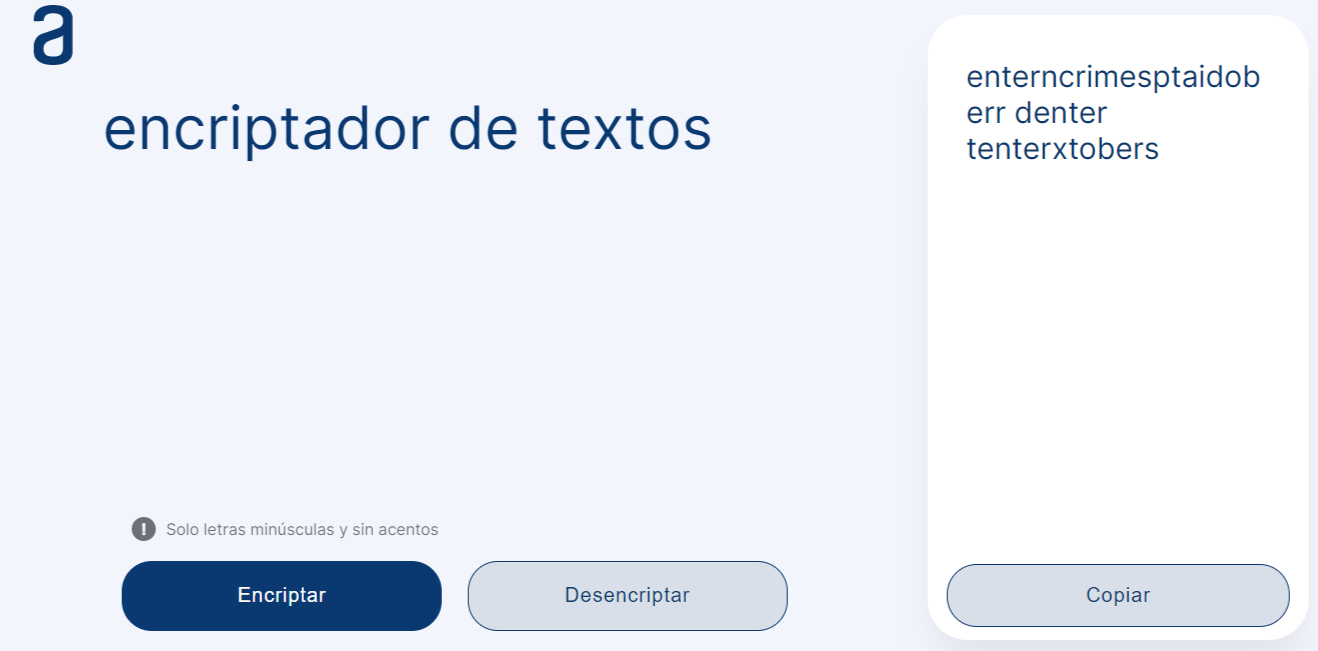 Imagen demostrativa del encriptador de textos funcionando